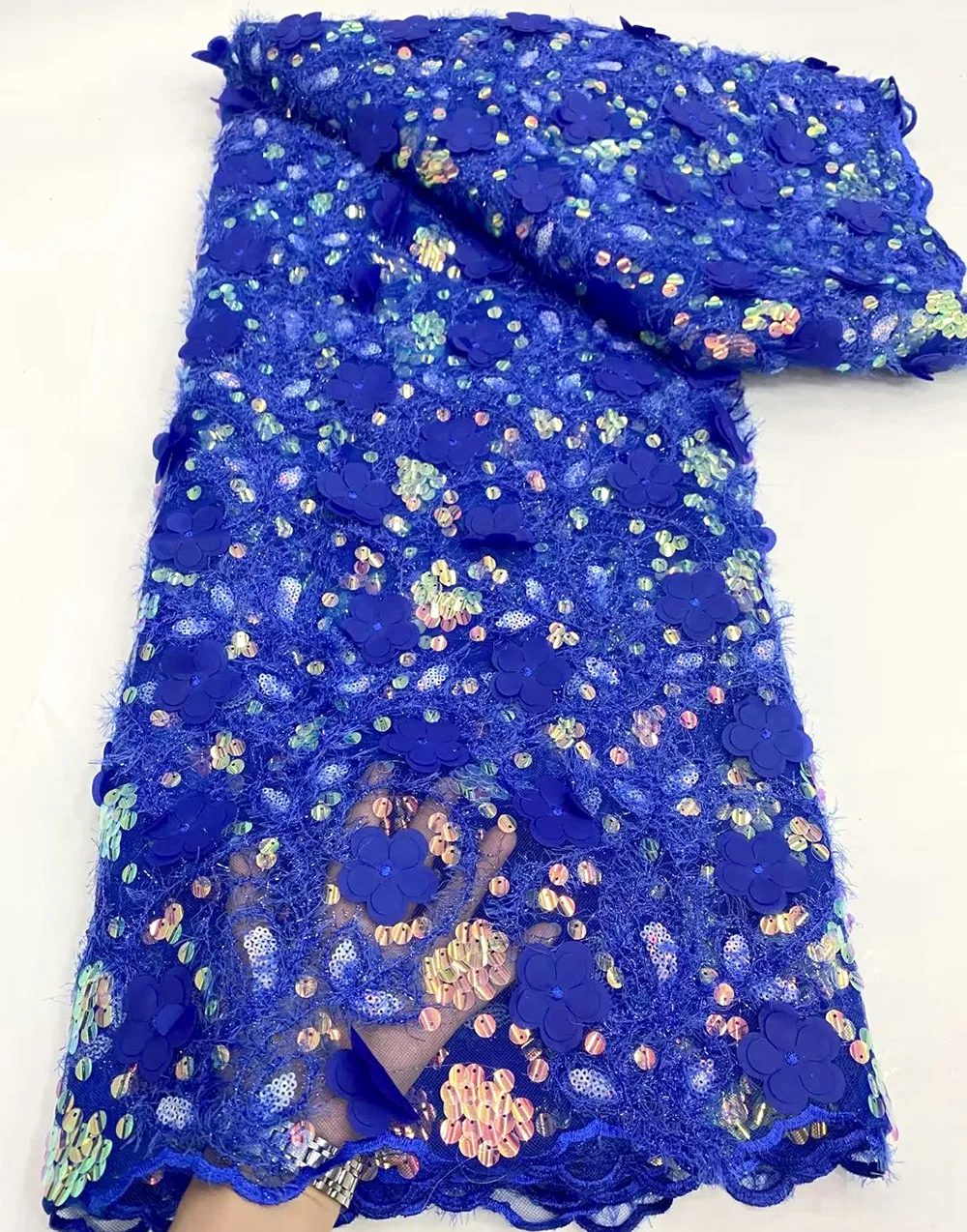 

3D Flowers Royal Blue French Lace Fabric 2023 High Quality Lace Net African Lace Fabric With Sequins Lace Fabrics For Wedding