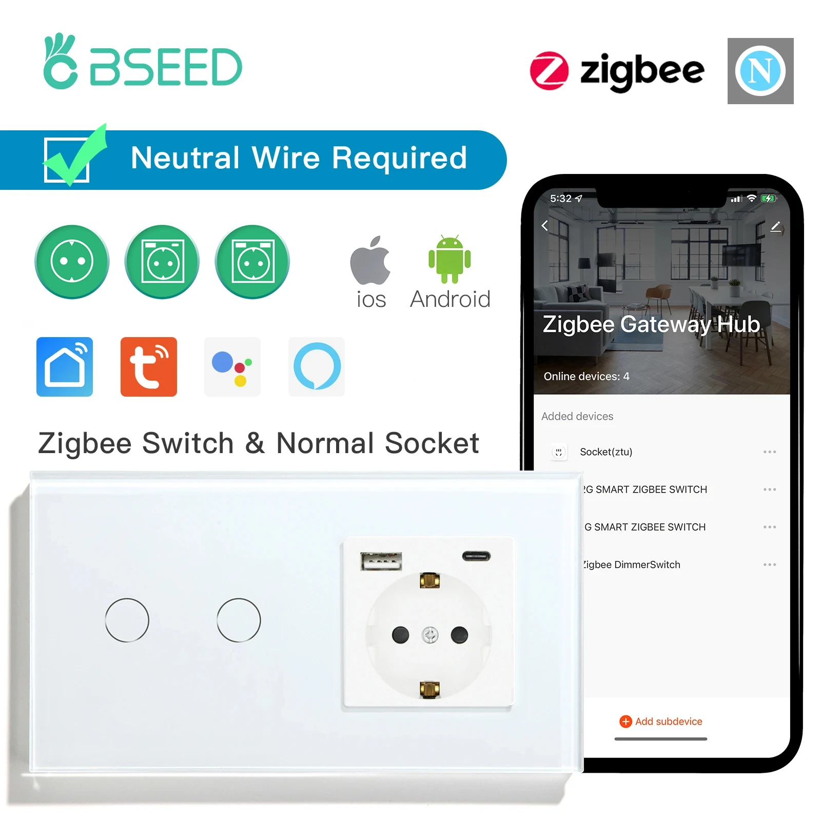 Bseed Zigbee Toque Switches 3gang 3way Sensor Parede Interruptores de Luz Inteligente Tuya Alexa com Padrão da ue Tipo-c Tomada de Energia