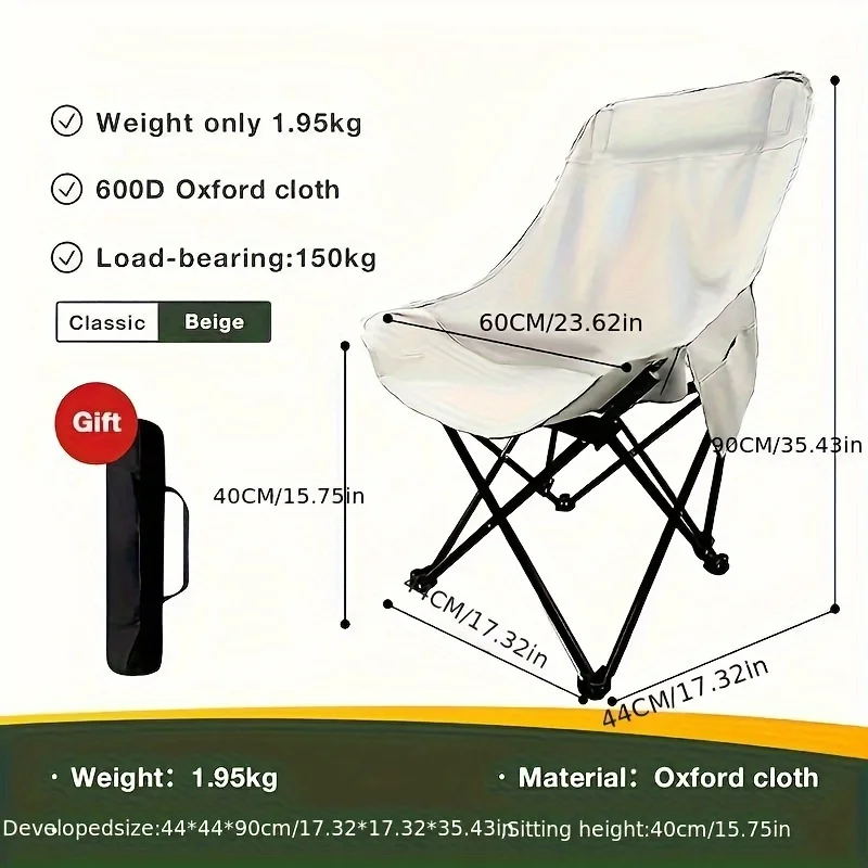 1pc Foldable High Back Moon Chair for Adults Portable Outdoor Camping Chair with Steel Bracket Lightweight and Durable White