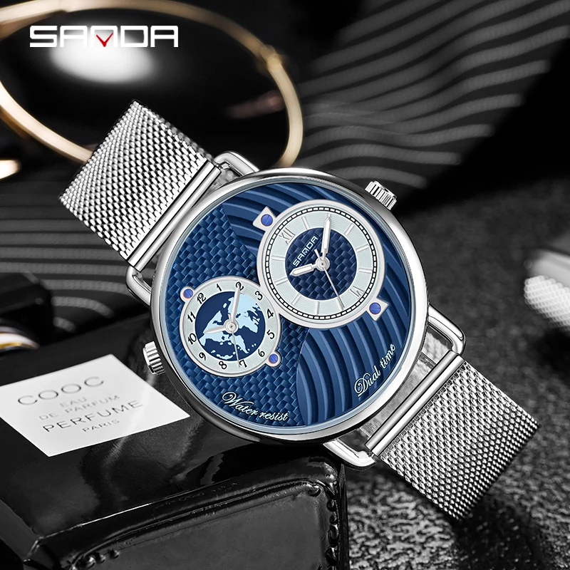 SANDA Mens Watches Luxury Brand Personality Quartz Watch Stainless Steel Mesh Strap Men Casual Fashion Waterproof Clock Reloj creative metal mesh business card holder for desk personality collection storage school office supplies stationery holder