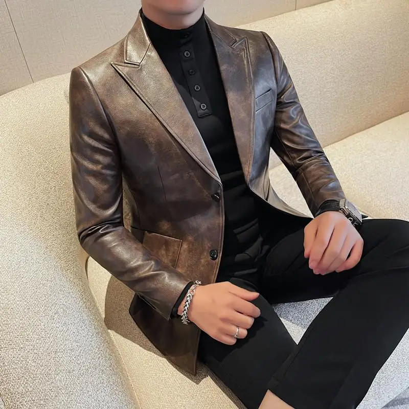 High Quality Faux Leather Blazer Jackets Men's Clothing Autumn Winter New Plain Color Mens Casual Blazer Slim Fit Business Coats