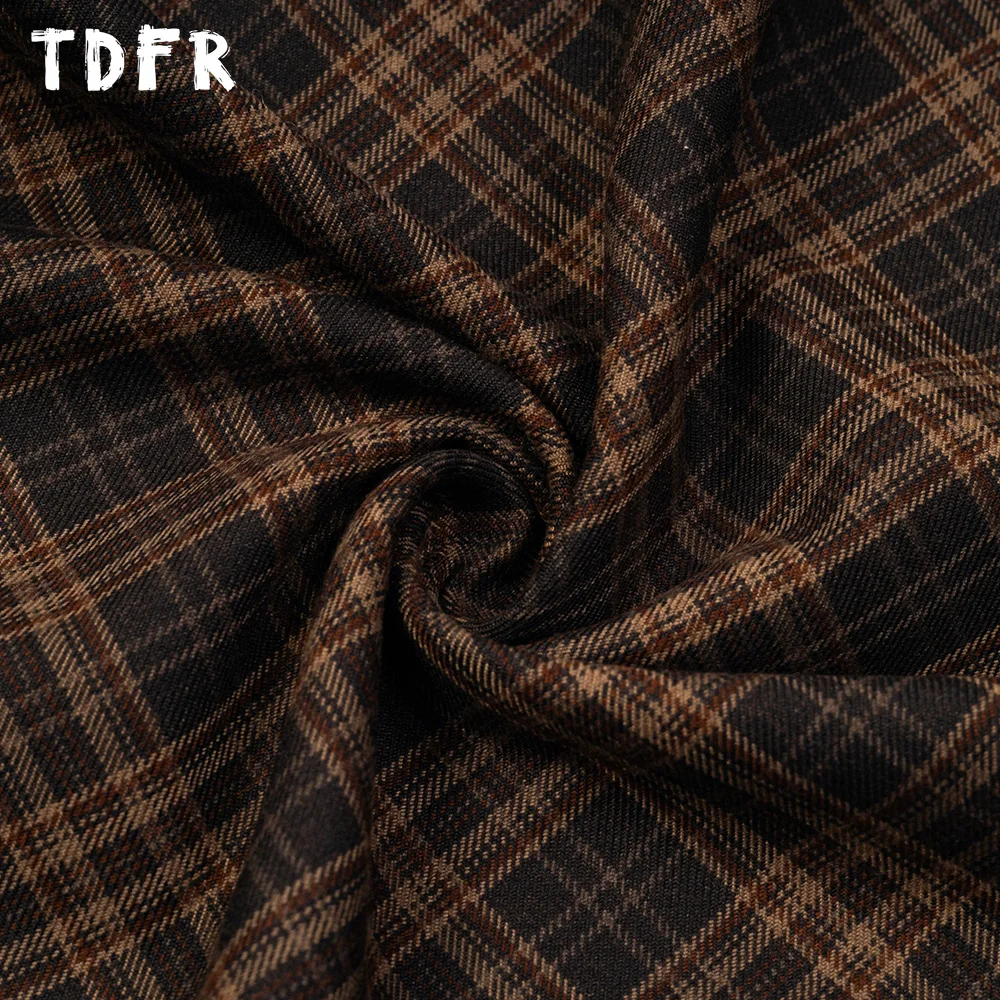 Plaid Casual Pants Mens Pocket Retro Streetwear Elastic Waist Loose Straight Wide leg Trousers Men