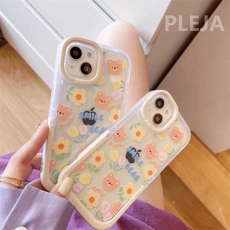 11 cases Cute Camera Lens Flip Holder Phone Case For iphone 13 12 11 Pro Max X XR XS Max Cover Cartoon Bear Flower Soft Protective Cases iphone 11 case with card holder