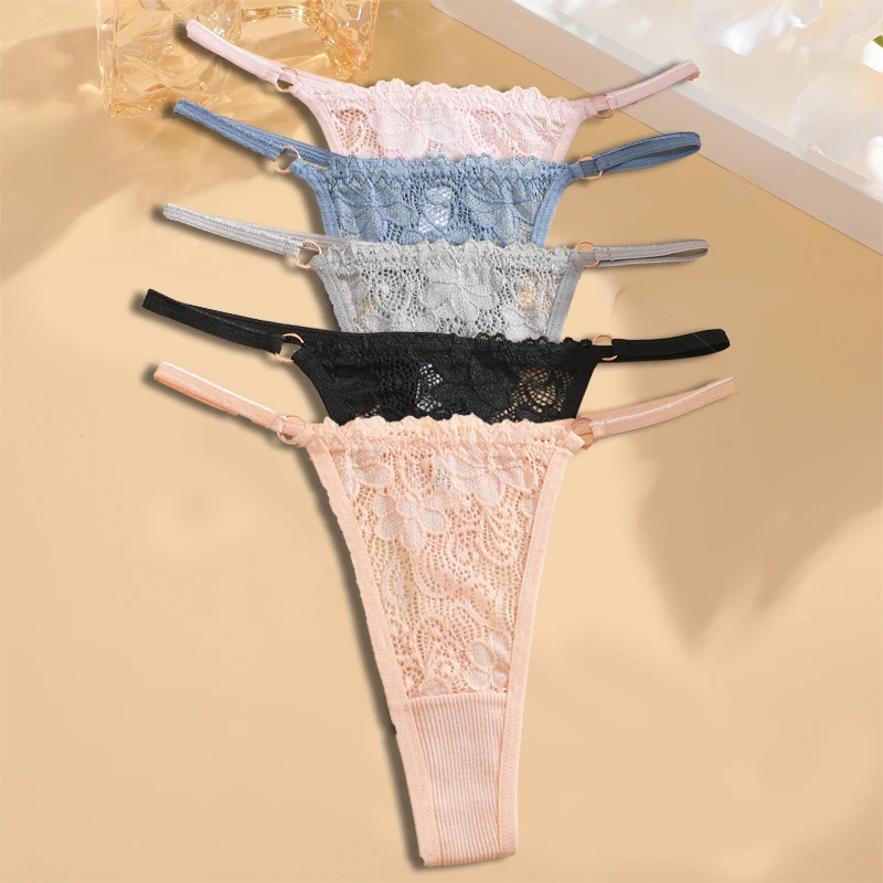 Ropa interior Floral de algodón para mujer, tangas de cintura con hebilla de Metal de tiro bajo, perspectiva Sexy, lencería transpirable, 5 piezas
