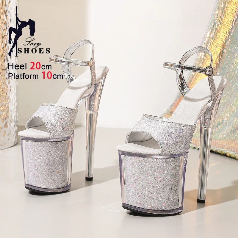 Crystal Transparent Platform Women Summer Sandals Silvery Glitter Sequin Thin High Heels 20CM Woman Nightclub Stage Show Shoes