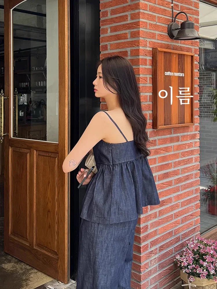 Korean Women's Denim Two-piece Set Retro Temperament V-neck Denim Cami +High Waist Wide Leg YK2 Casual Pants Trousers Set Women