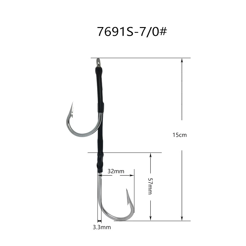

7691S Stainless Steel Double Assist Hook Trolling Big Game Fishing Hooks Shark J Hook 10/0