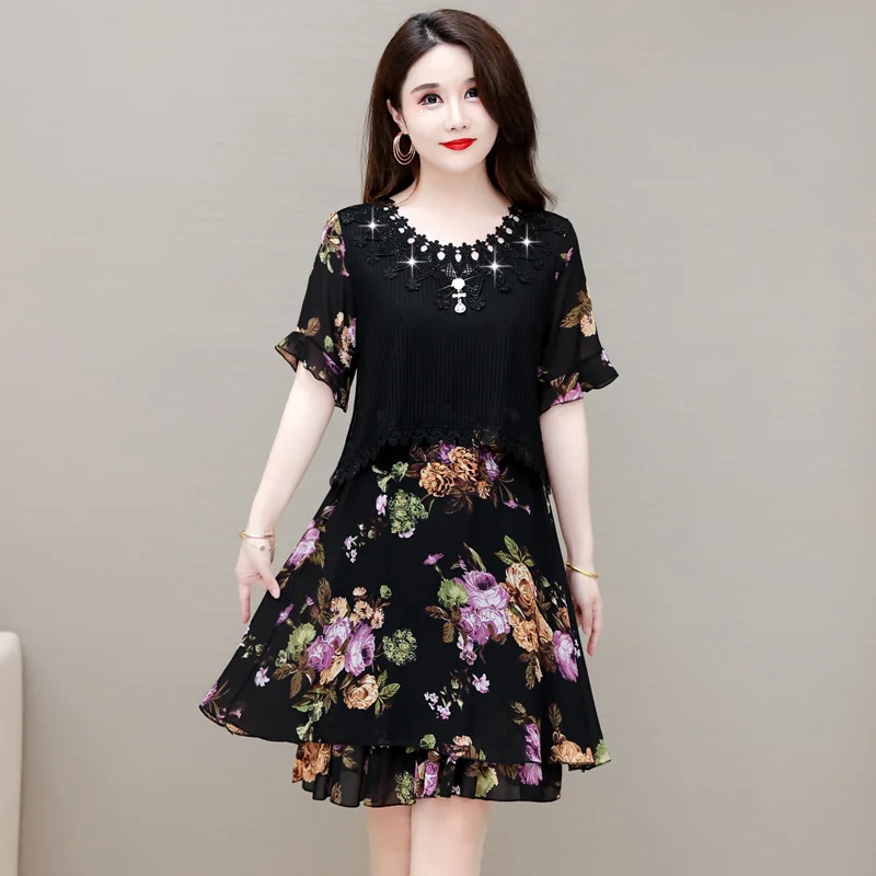 

Vintage Large Size Women's Clothing 2023 Summer New Middle-aged Mother Short Sleeve Loose Chiffon Floral Dress jp21