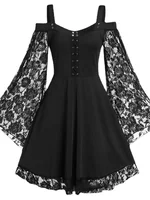 2022 New Gothic One-shoulder Lace Stitching Flared Sleeve Dress Literary Vintage Autumn Grunge Black A-line Dress Punk Partywear