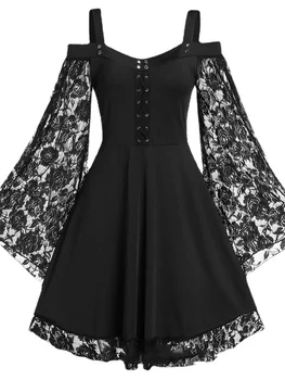 2022 New Gothic One-shoulder Lace Stitching Flared Sleeve Dress Literary Vintage Autumn Grunge Black A-line Dress Punk Partywear 1