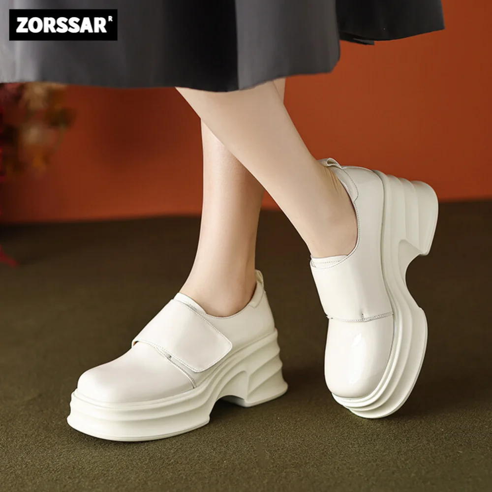 

Genuine Cow Leather Round Toe Thick Bottom High Heel Slip on Platform Sneakers White Concise Style Casual Women Vulcanized Shoes