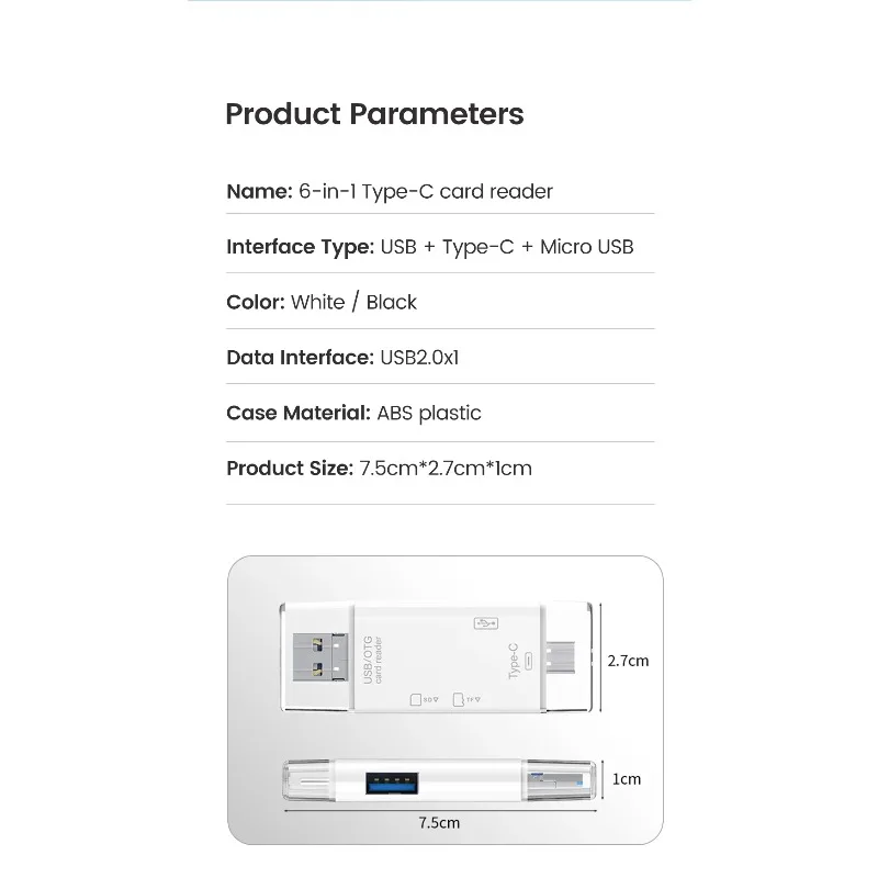 6 in 1 USB2.0 OTG 카드 리더 어댑터 유형 C 마이크로 USB 다기능 고속 SD TF 메모리 카드 전송 분배기