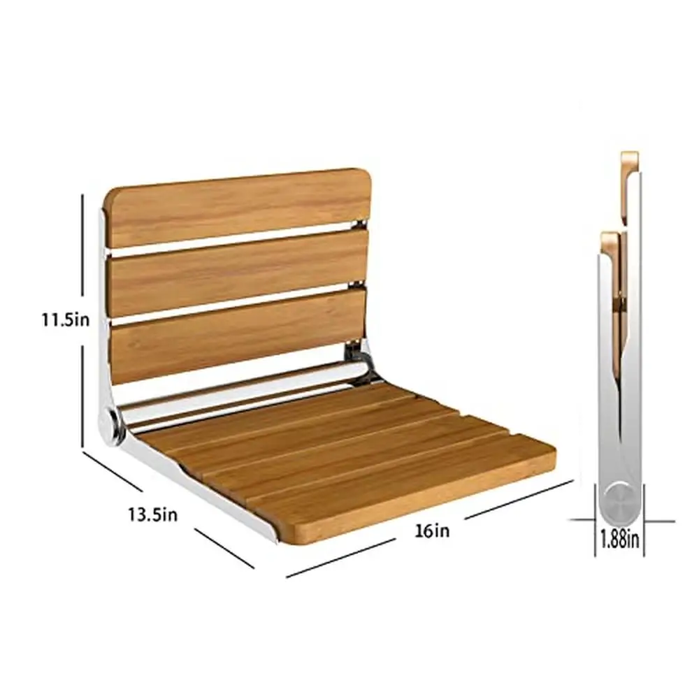 Fold Down Shower Bench Wall Mounted Teak Wood Seat Durable Waterproof Non-Slip Safe Installation Small Spaces 440lb Capacity 6