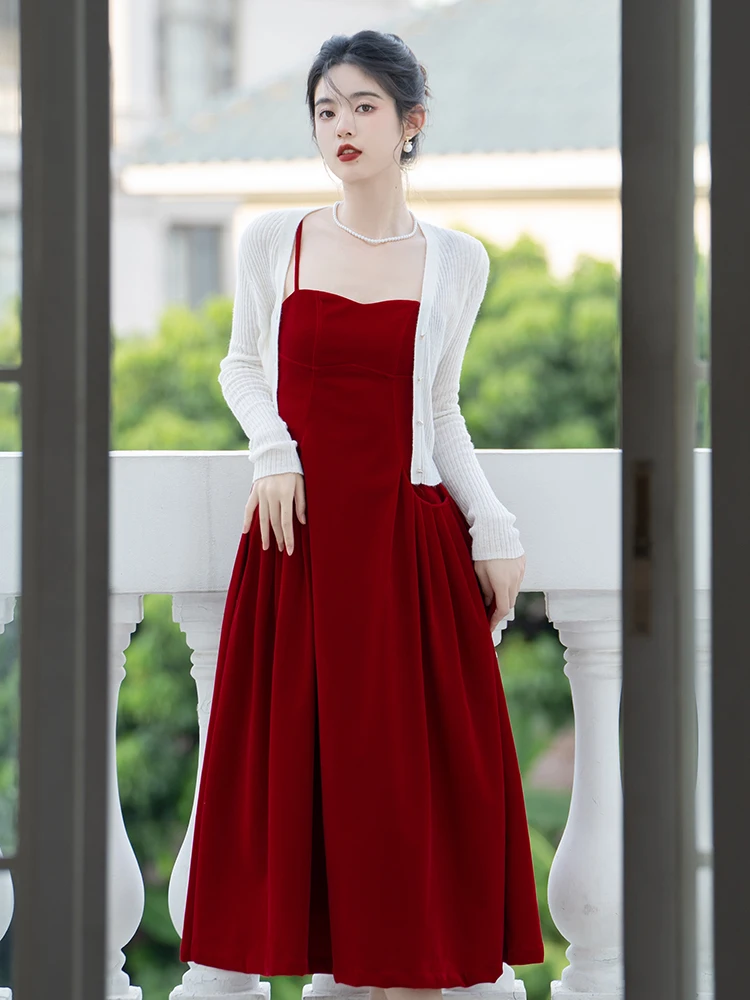 Red Velvet Vintage Style Halter Dress Set Assembly White Knitted Cardigan  Jacket Women's Autumn Sweater Two Piece Outfits - AliExpress