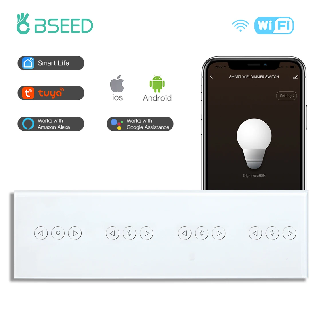 

Bseed WIFI Dimmer Switches Quadruple Wall Touch Switches Smart Dimmable Light Switches Crystal Smart Life Tuya App Control