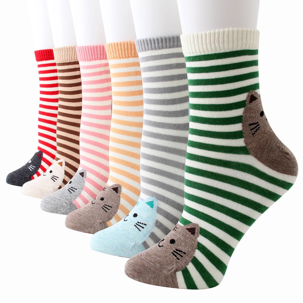 

6 Pairs Of Women's New Cartoon Cute Women's Socks Horizontal Cat Comfortable Soft Hot Selling Women's Socks