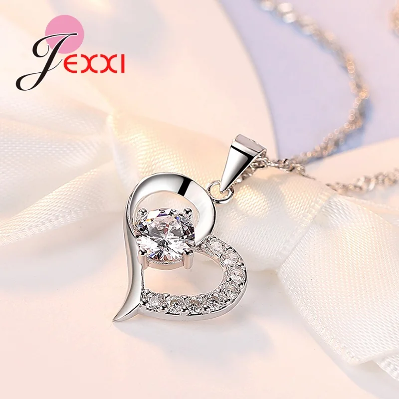 Schmucksets aus 925er-Sterlingsilber für Damen, Hochzeit, Verlobung, glänzender kubischer Zirkon, Herzanhänger, Halskette, Ohrringe – Detail 10