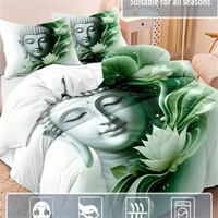 Buddha Duvet Cover Set, Meditation Buddha Statues Pattern Bedding Set, Ultra-Soft  (1*Duvet Cover + 2*Pillowcases, Without Core)