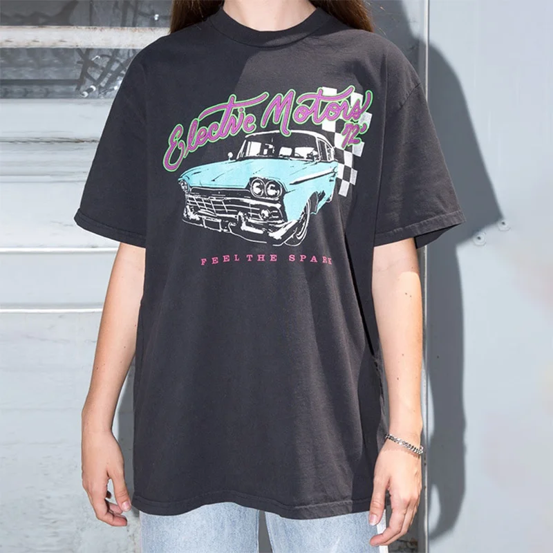 

Elective Motor-72 Vintage 70s 80s Auto Printed Casual Black Oversized Cotton Short Sleeve Tops Women Summer Graphic Cool Tees
