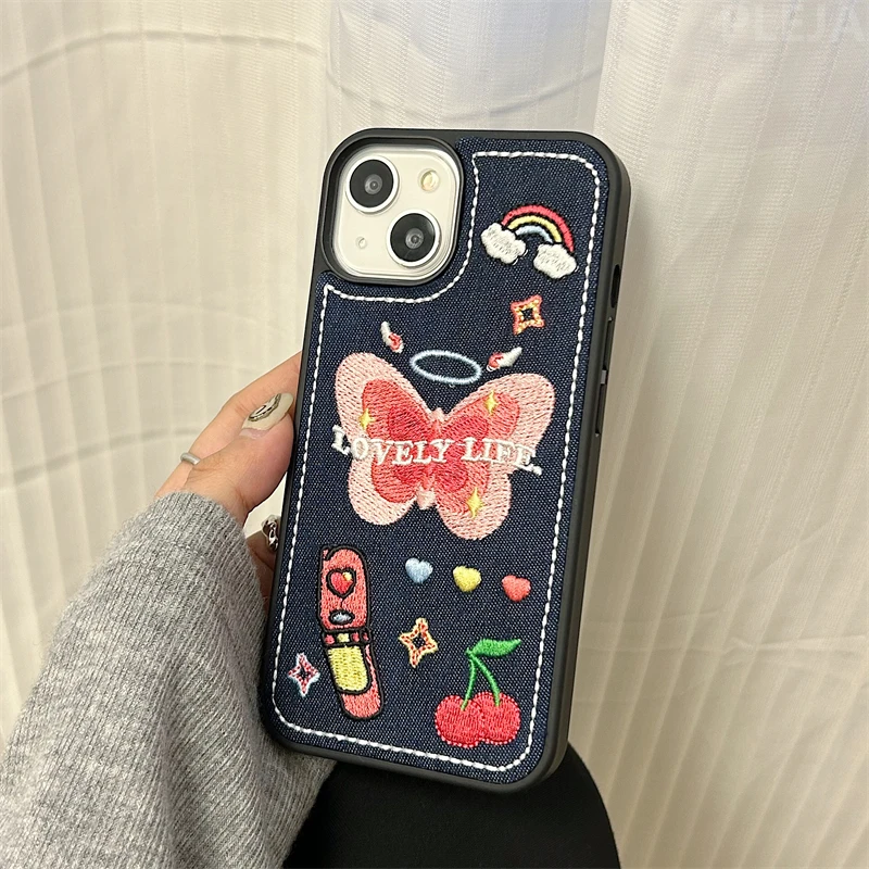 Korean Cute Y2k Butterfly Denim Embroidery Phone Case For iPhone 15 14 13  12 Pro Max 11 Love Heart Cherry Shockproof Soft Cover - AliExpress