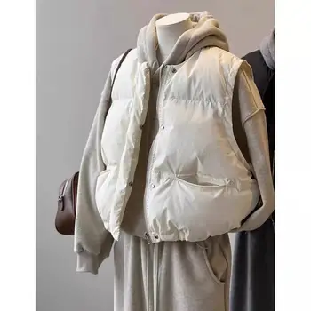 Korean Fashion Women Winter Warm Cotton Padded Jacket Sleeveless Big Pockets Thick Vests for Women