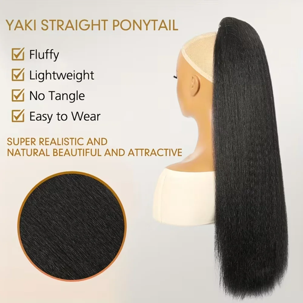 Shesbeauty 26Inch Yaki Straight Drawstring Ponytail Straight Clip-In Hair Extensions Synthetic Full and Thick Ponytail for Women