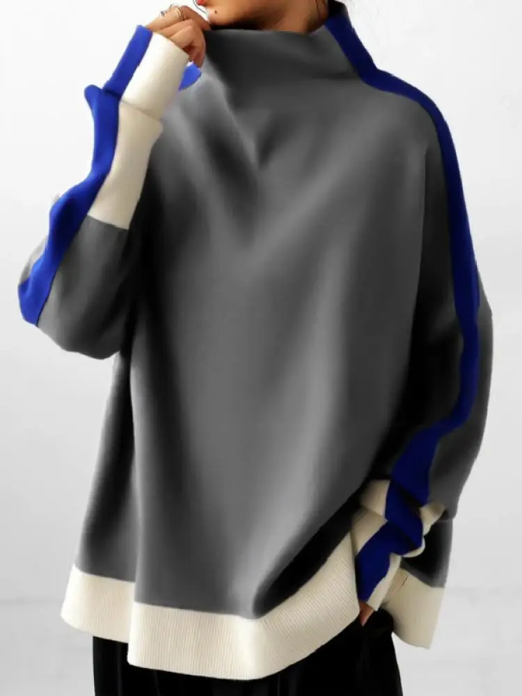 Onecozyday 여성용 루즈한 풀오버, 후드 없는 맨투맨 스탠드 칼라, 긴팔, 대비 색상, 캐주얼 상의, 2023 가을 신상