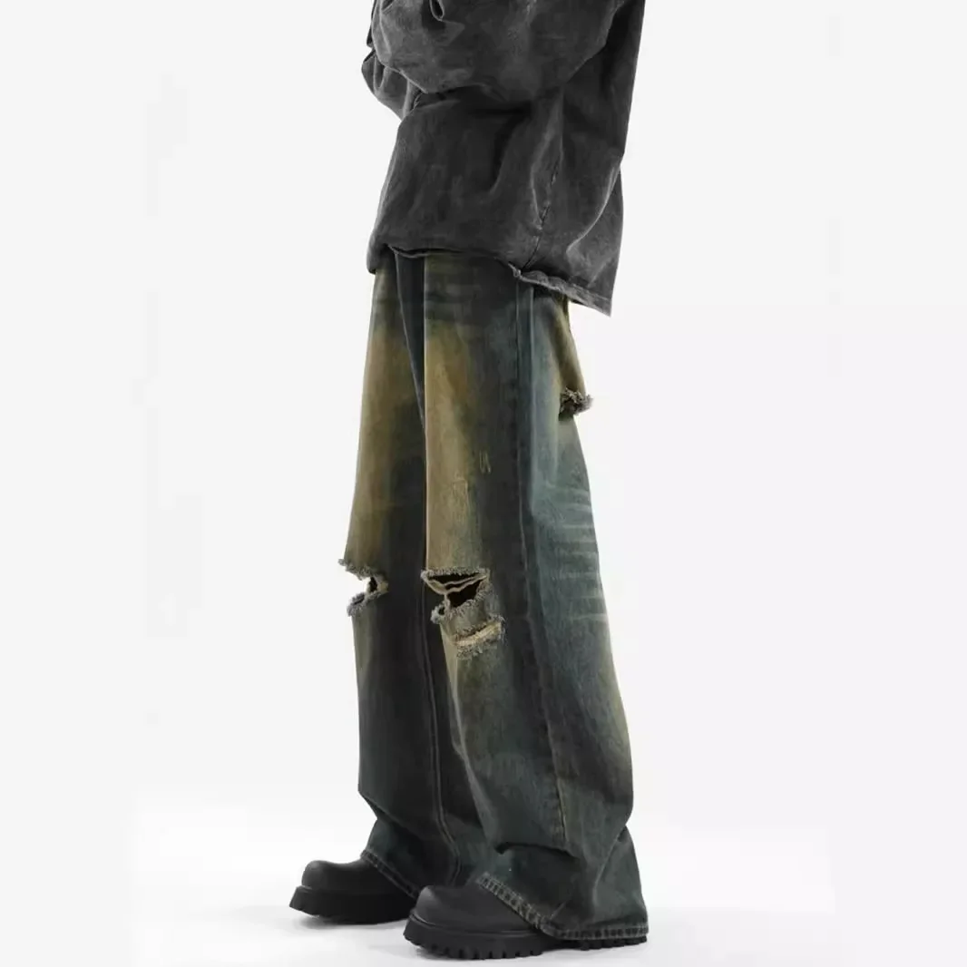 Vintage Hemp Stained Ripped Jeans Men's Summer Trendy Punk Cool Loose-fit Straight-leg Pants Design Sensibility Floor Pants