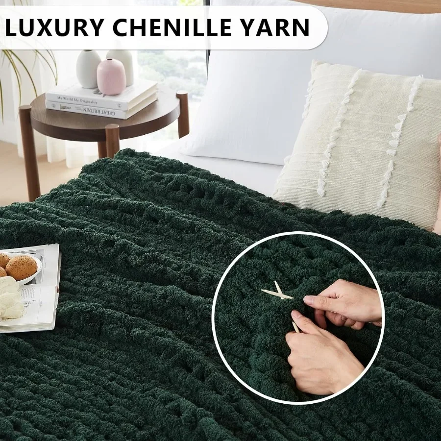 Chunky Knit Blanket Throw: 80''x90'' Chenille Chunky Knitted Throw Blanket for Bed Couch Handmade Thick Big Cable Knit Blanket