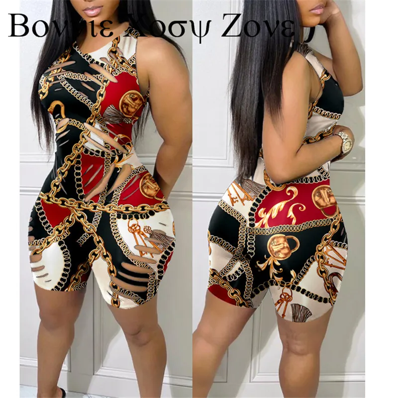 

Women Summer V-Neck Scarf Chain Print Cutout Sleeveless Skinny Daily Night Out Above Knee Romper