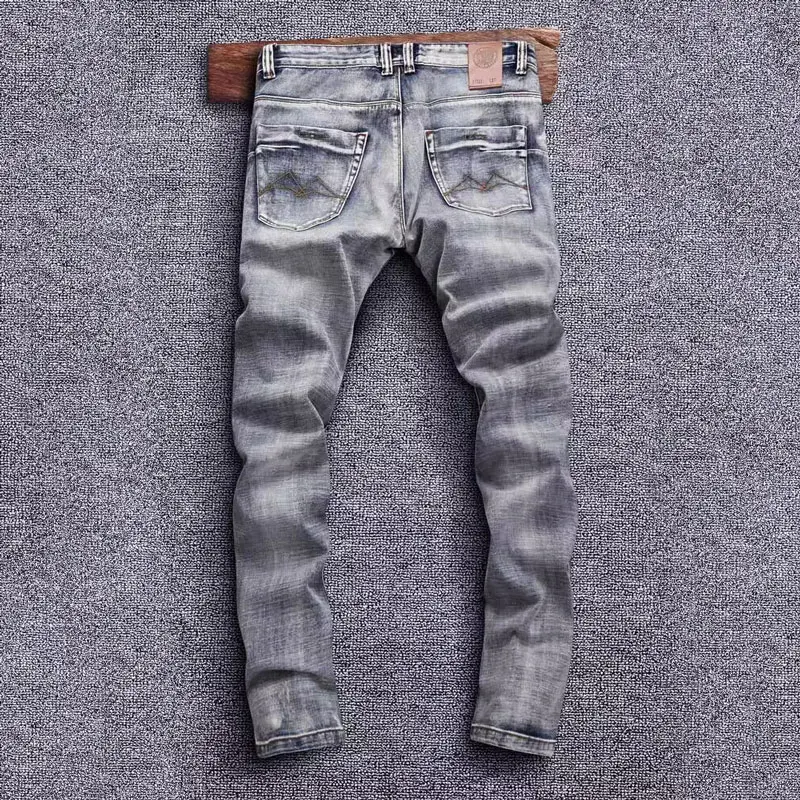 Newly Designer Fashion Men Jeans High Quality Retro Gray Blue Stretch Slim Fit Ripped Jeans Men Embroidery Vintage Denim Pants