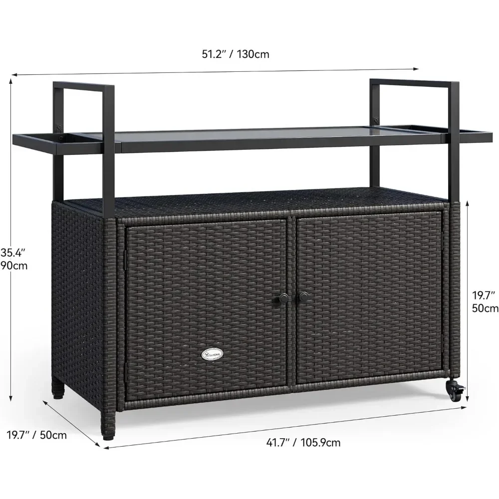 Kitchen Trolley, Wheels and Black Glass Table Top for Patio, Poolside and Backyard , Outdoor Kitchens Rolling Trolleys