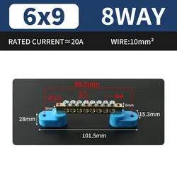 DIN Rail Terminal Block - Blue Bridge Type Copper Ground Bar with Multiple Hole Options (8P - 1Pcs)