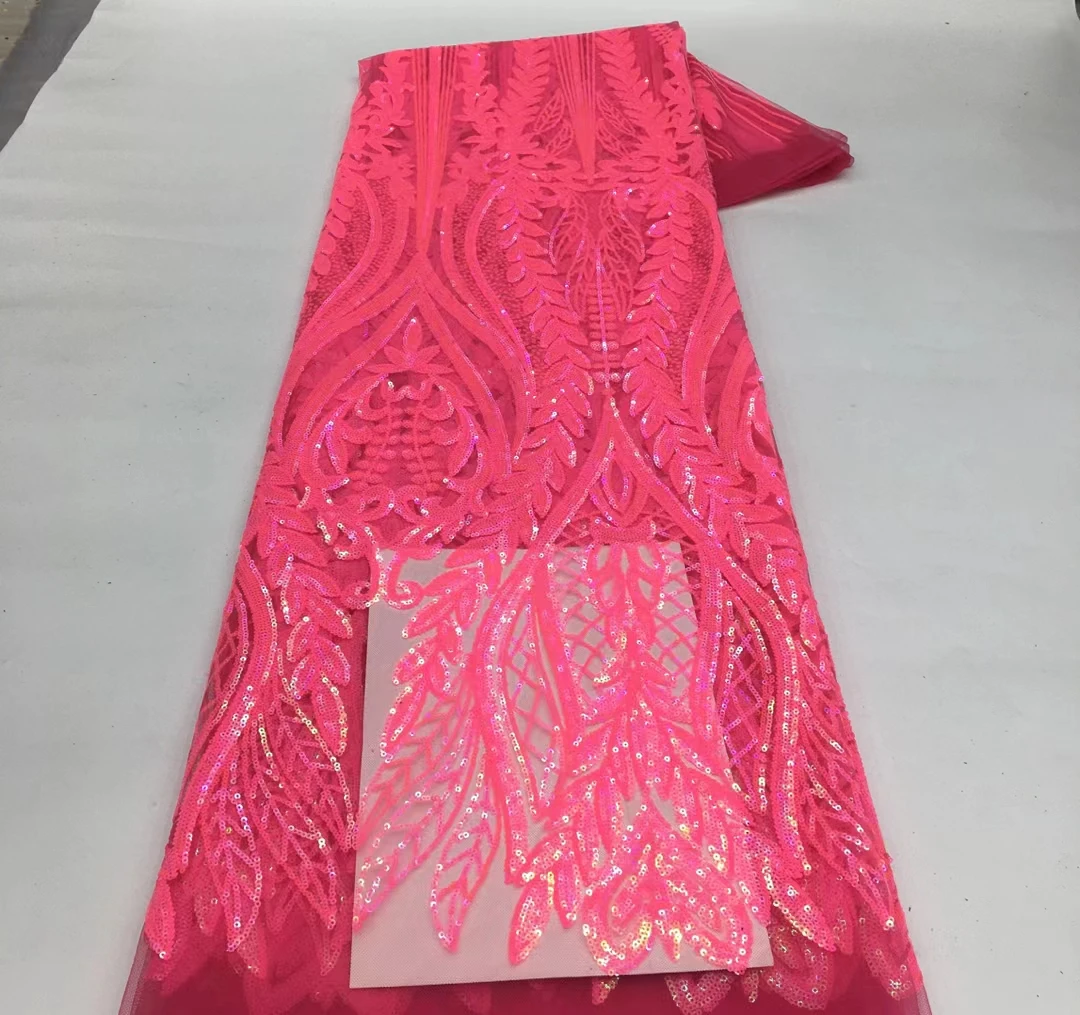 

European Hot Pink Designs Sequins Lace Tulle Sequin Hemline Dress Fabric Quality Mesh Cloth For Garment Sewing