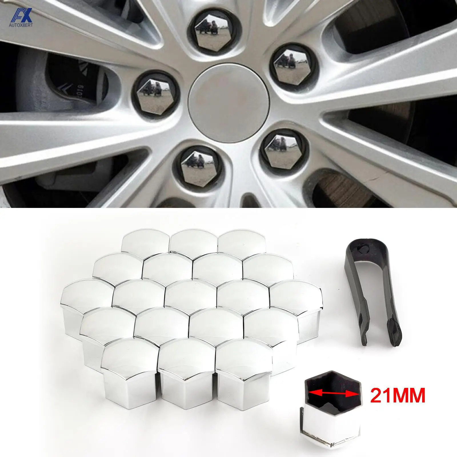 20x 21MM Chrome Car Wheel Nut Caps Protector Rustproof Hub Tighten Cover Tyre Nut Bolts Outward Decoration Studs Hub Caps Silver