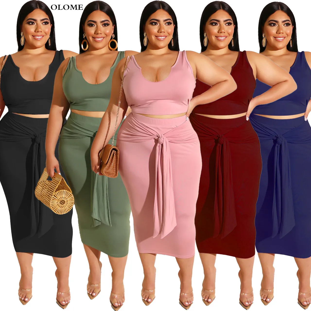 

Sexy Women Deep V Neck Two Pieces Outfits Summer Sleeveless Tank Solid Lace-up High Waist Bodycon Skirt Party 2PCS Set