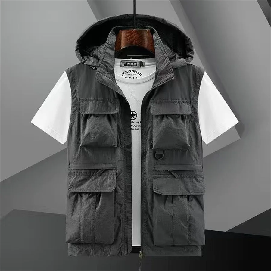 Hooded Vest Men's Multi-Pocket Loose Workwear Sleeveless Jacket