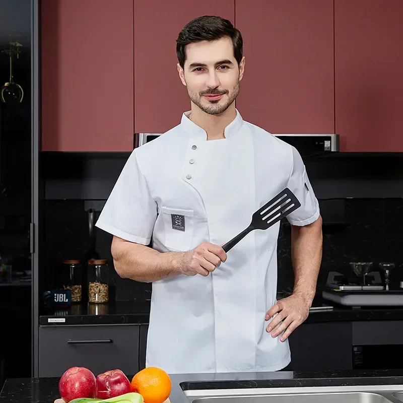 

Free Barber Logo Wear Kitchen Sushi Shirt Breathable Jaket Cook Costumes Sleeve Coat Waiter Uniform Short Restaurant Chef