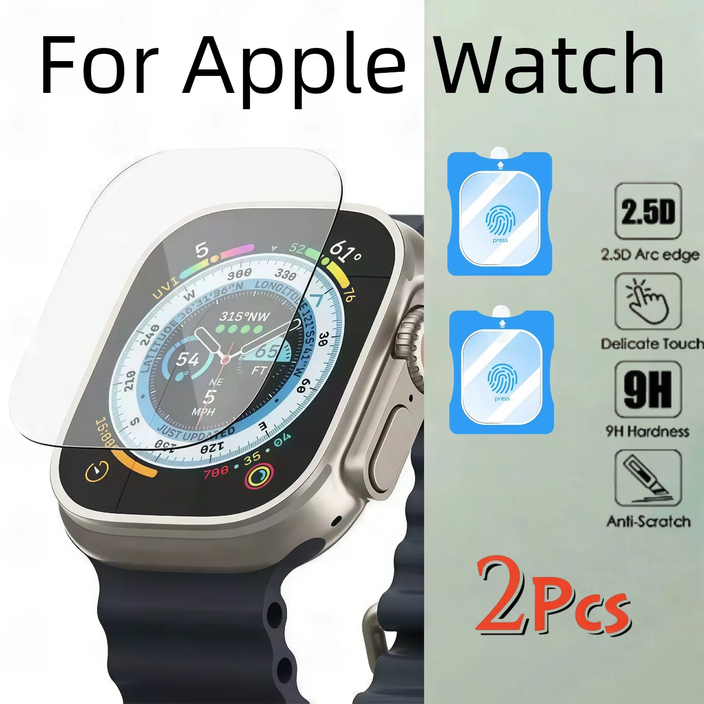 2Pcs 49mm Apple Watch Ultra 2/3 강화 유리 화면 보호기 키트(정..