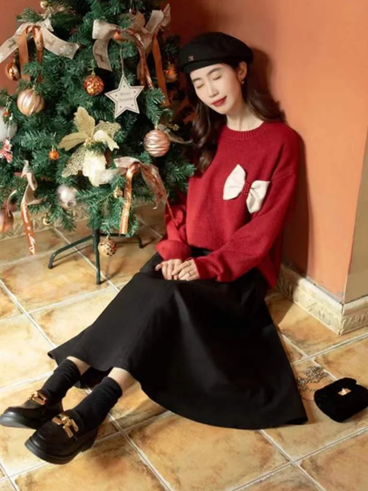 Pullovers Women Christmas New Year Red Trendy Bow Design