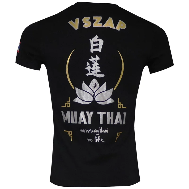 Vzap-short-sleeve T-shirt for men, white lotus, sports, boxing, MMA, fighting, fitness, training, fitness, gold and silver