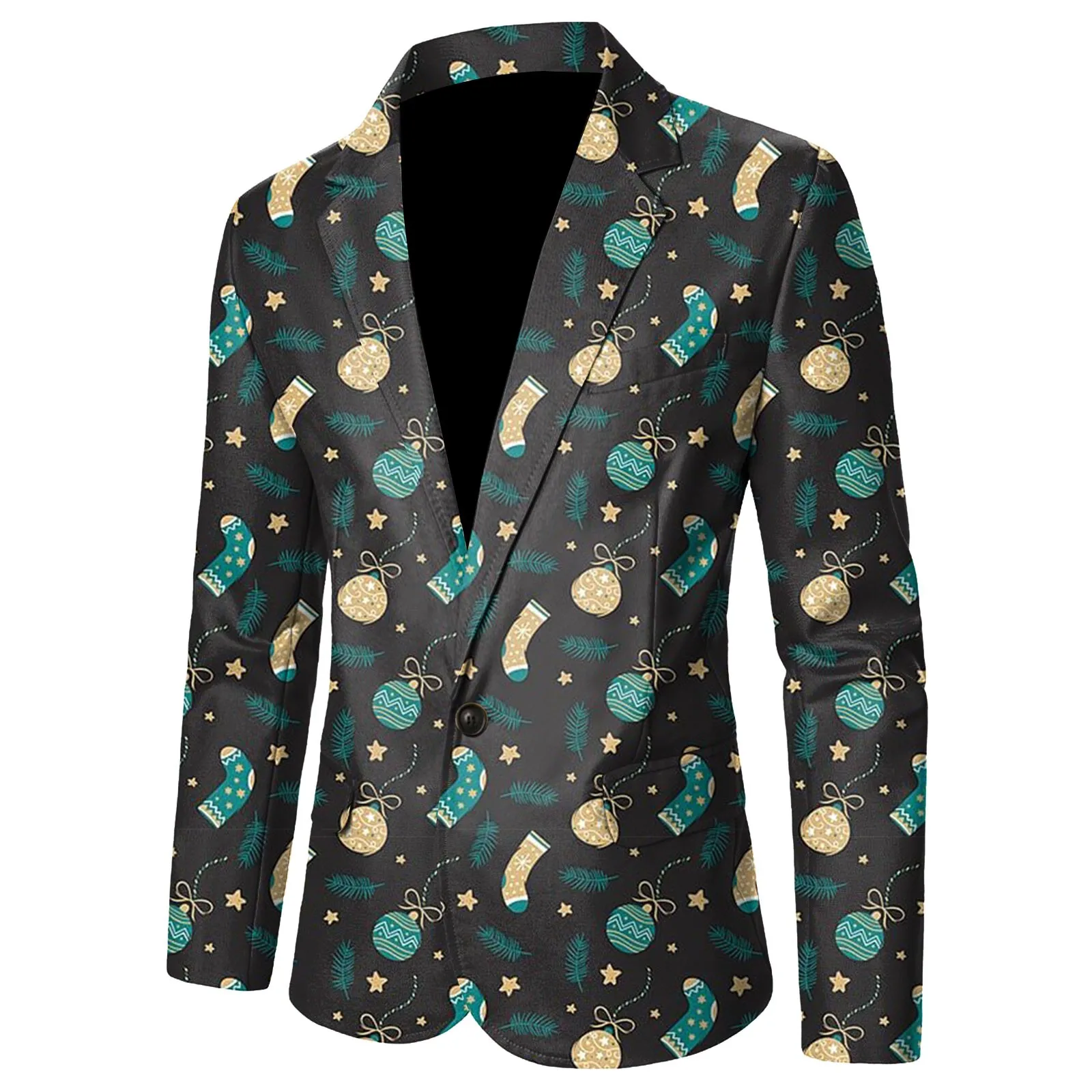 Christmas Gift Men Suit Coat Fashion Christmas Printed Pocket Lapel One Button Slim Fit Blazer Men Winter Party Jacket Plus Size 2