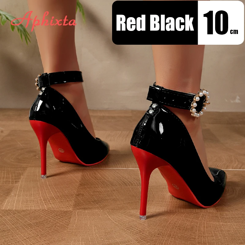 Aphixta Luxury Pearl Metal Belt Buckle 10cm Stiletto Heels Pumps Women Banquet Shoes Strap Pimp Pointed Toe Size 35-50