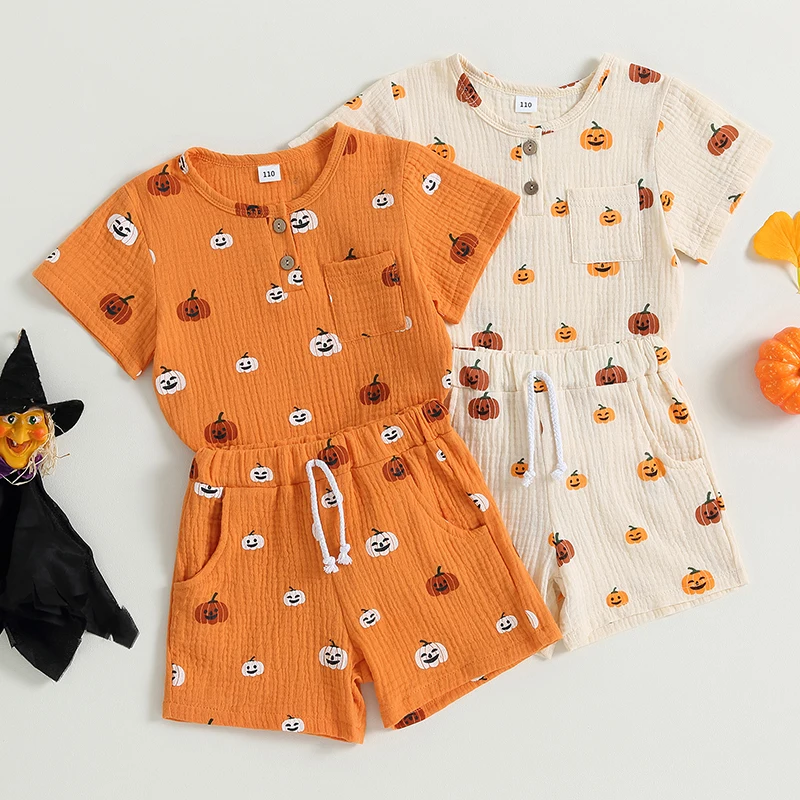 

2023-06-08 Lioraitiin Toddler Boys Girls Halloween Outfits Short Sleeve Pumpkin Print T-Shirt + Pocket Shorts Set Kid Clothes