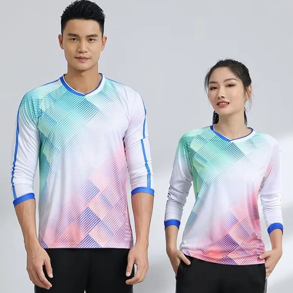 Badminton T-shirt for Men Women Kids Autumn Winter Quick Dry Print Couple V-neck Long Sleeve Tennis Ping Pong Uniform Top