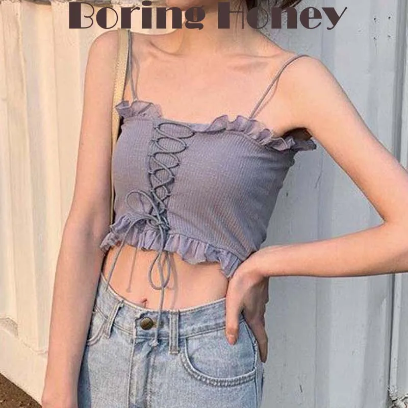 

Boring Honey Crop Top Summer Chic Base Shirt Top Women Retro Lace Up Bowknot Worn Inside Out Sleeveless Short Tops Women Clothes