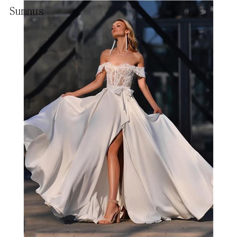 

Sumnus Elegant Off The Shoulder Wedding Dress Lace Appliques High Side Slit Stain Pleat Vestidos De Novia Robe De Mariée 2023
