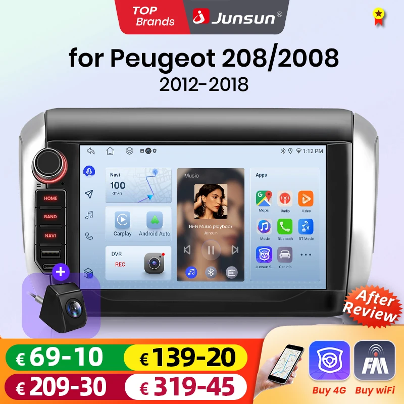 Radio para Auto Junsun de 8 Pulgadas con CarPlay Inalámbrico y Android Auto para Peugeot 2008 208 2012 2013-2018, Sistema Multimedia Inteligente con Apple CarPlay Inalámbrico, Pantalla Táctil IPS, Reproductor de Video Estéreo, Autoradio 2 Din, Navegación, BT, GPS, 4G, WIFI, FM, AM, DSP, RDS, SWC 1