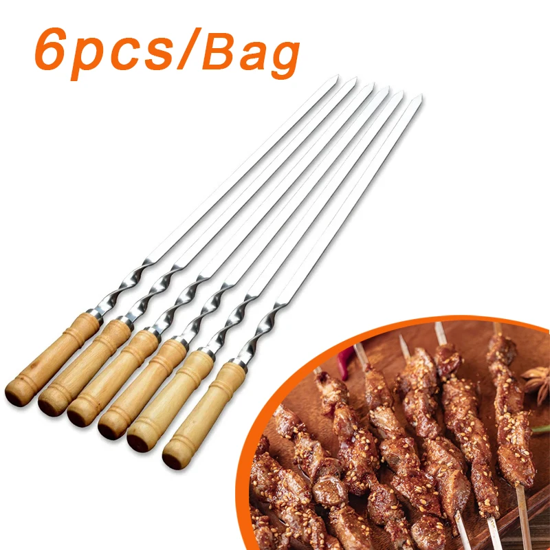 55cm Large Barbecue Skewer Reusable Stainless Steel BBQ Kebab Stick with Wooden Handle Outdoor Camping Picnic Tools Cooking Tool