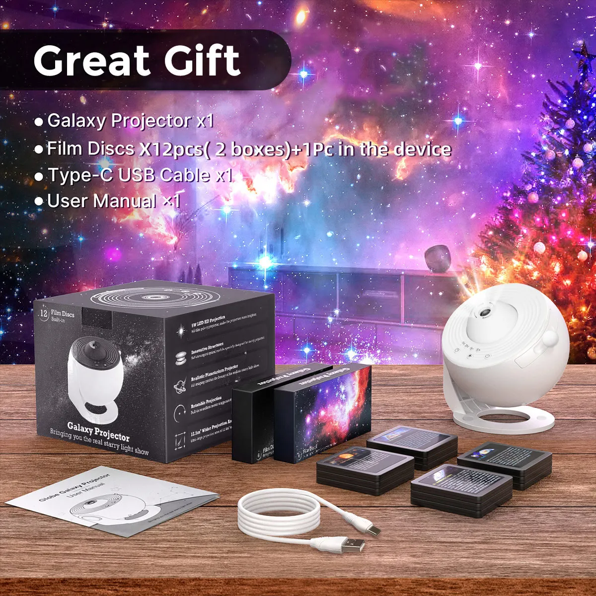 13-in-1-Galaxy-Projektor, HD-Bildbereich-LED-Nachtlicht, 13 Filmscheiben, 360° ° Drehbarer 1/2-Stunden-Timer für Kinder- und Erwachsenenschlafzimmer – Detail 9